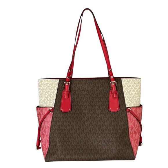 Michael Kors Voyager East West Large Saffiano Leather Tote Crimson Colorblock - Picture 3 of 12